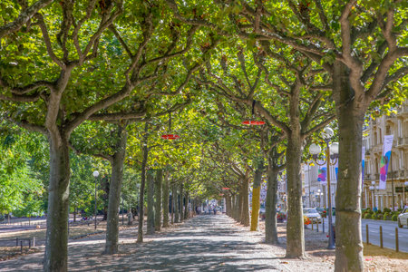 wiesbaden, Germany -September 4, 2022: alley in Wiesbaden with red lifebuoys showing the high of the water of the flood in the Ahr valley in Germany.のeditorial素材