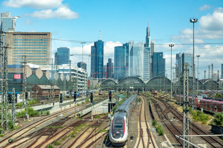 Frankfurt, Germany - June 21, 2021: entrance of Frankfurt central train station with skyline in backgroundのeditorial素材