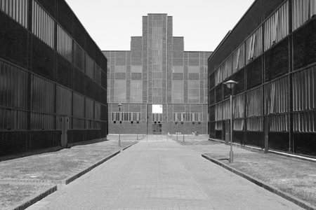 Essen, Germany - July 23, 2019: facade of historic headquarter building of Zeche Zollverein mine. Nowadays it serves as the red dot industry museum in Essen.のeditorial素材