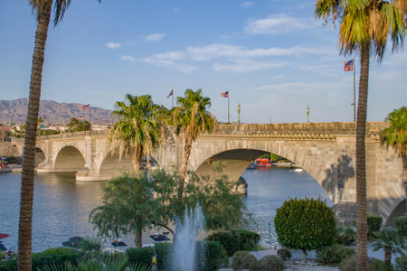 London Bridge in Lake Havasu, old historic bridge rebuilt with original stones in Americaの写真素材