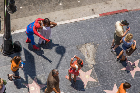 Los Angeles, USA - July 5, 2008: people in costumes like spiderman offer a picture with tourists for a tip in Hollywood at the walk of fame.のeditorial素材