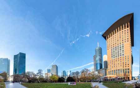 Frankfurt, Germany - November 21, 2020: view to skyline with skyscraper in Frankfurt with trees in foreground.のeditorial素材