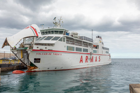 Corralejo, Spain - January 29, 2023: Ferry Armas is ready to head to Playa Blanca at the island of Lanzarote from Fuerteventura, Spain.のeditorial素材
