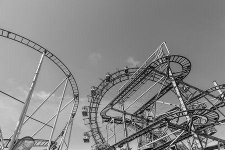 VIENNA, AUSTRIA - APR 25, 2015: A view of the Wiener Riesenrad in Prater from outside the park. The big wheel was constructed in 1897 by the English engineer Walter Bassettのeditorial素材