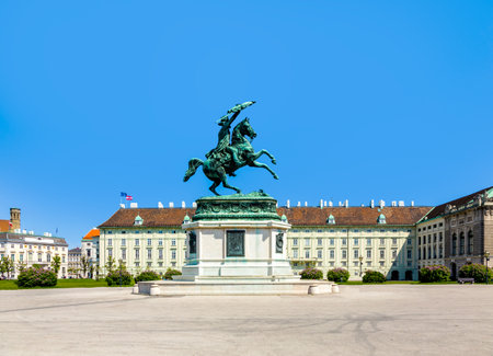 Vienna, Austria - April 24, 2015: View of Heldenplatz - public space withEquestrian statue of Archduke Charles of Austria.のeditorial素材
