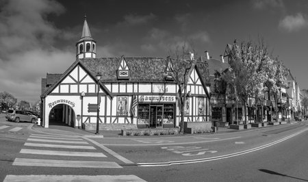 Solvang, California, USA - APRIL 22, 2019: old main street in Solvang historic downtown, Santa Ynez Valley in Santa Barbara County. A Danish Village is a popular tourist attraction.のeditorial素材