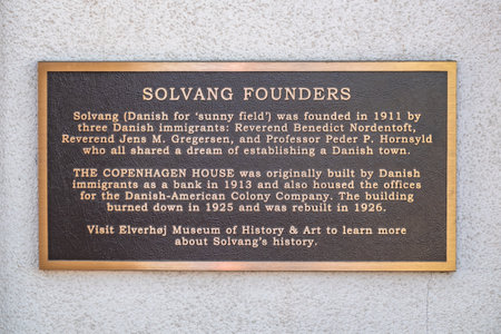 SOLVANG, CALIFORNIA, USA - APRIL 22, 2019:memorial plate to honor. the Danish founders of Solvang in 1913.