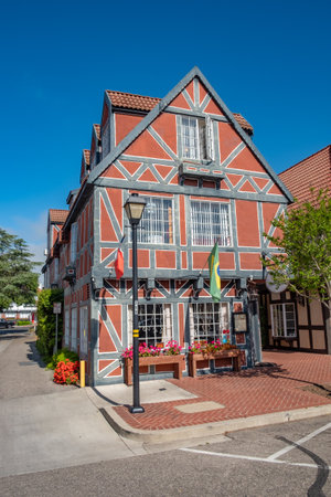 Solvang, California, USA - APRIL 22, 2019: old main street in Solvang historic downtown, Santa Ynez Valley in Santa Barbara County. A Danish Village is a popular tourist attraction.のeditorial素材