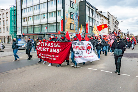 Wiesbaden, Germany - March 11, 2023: people demonstrate for change of the Assembly Act - eng. assembly law - in Wiesbaden, Germany. Politics will sharpen the law and protestants are against the sharpening.のeditorial素材