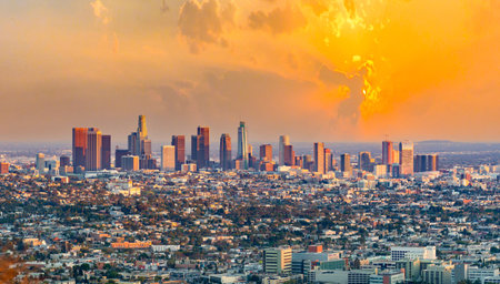 San Francisco, USA - March 18, 2019: Los Angeles skyline in smog on a summer day, USAのeditorial素材