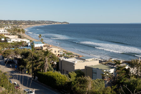 Malibu, USA - March 16, 2019: beautiful houses at wooden support poles at the scenic beach in Malibu, California, USA.のeditorial素材