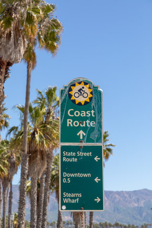 Santa Barbara, USA - March 16, 2019: signage in Santa Barbara for bicycle tourists showing direction of coast route.のeditorial素材