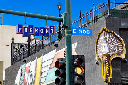 Las Vegas, USA - March 10, 2019: view to old part of Las Vegas in early morning with empty streets and street sign Fremont street in detail.のeditorial素材