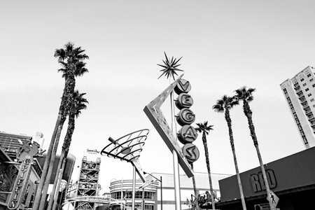 Las Vegas, USA - March 10, 2019: view to old part of Las Vegas in early morning with empty streets.のeditorial素材