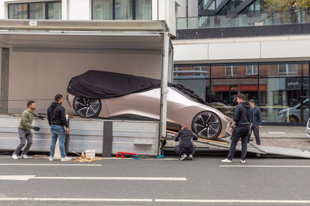 Frankfurt, Germany - March 21, 2023: NIO EVE Concept Self-driving Electric Car is unloaded from a...