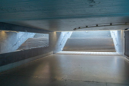 pedestrian subway in a germany city Wiesbaden with blue light from advertising