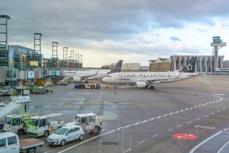 Frankfurt, Germany - February 7, 2022: Bad weather conditions at the airport of Frankfurt, Germany.のeditorial素材