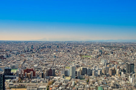 Tokyo, Japan - March 19, 2023: view to skyline of Tokyo from skyline observation platform.のeditorial素材