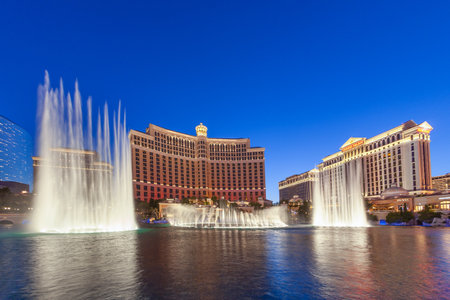 Las Vegas, USA - June 15, 2012: Las Vegas Bellagio Hotel Casino, featured with its world famous fountain show, at night with fountains in Las Vegas, Nevada.のeditorial素材