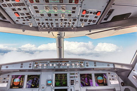 Cockpit view of a commercial jet airliner