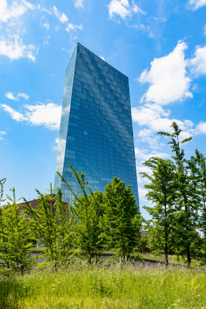 Frankfurt, Germany - May 24, 2023: scenic EcB building, european central bank, at the east harbor area in Frankfurt, Germany.のeditorial素材