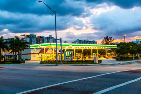 Miami, USA - July 30, 2010: open petrol station by night in Miami, USA.