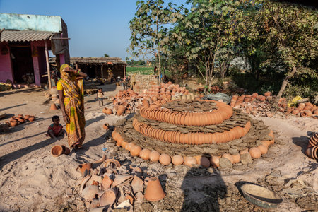 Fathepur Sikri, India - November 16, 2011: Small pottery producing red ware in a small village near Fatehpur Sikri.のeditorial素材