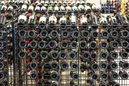 Washington, USA - July 15, 2010: wine rack in a food shop with big choice of red and white wine...