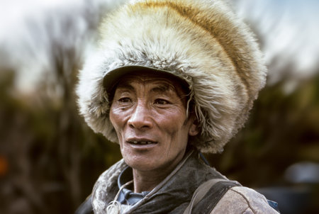 Lhasa, China - April 19, 1987: portrait of local people from the hills in the old part near the...