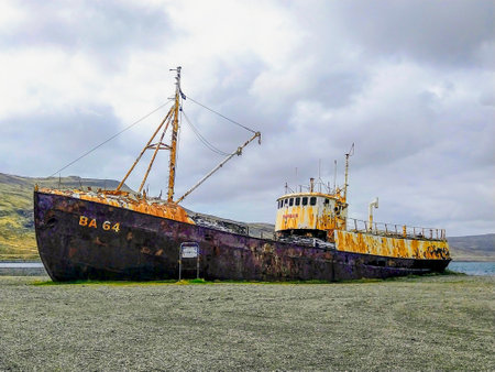 This Icelandic ghost ship, the 'Gardar BA 64' is the oldest steel ship from Iceland. It was built in 1912 by a Norwegian shipyard and used for whaling in the icelandic seaの写真素材