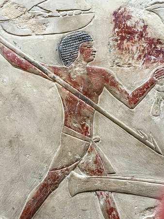Cairo, Egypt - July 15, 2023: tomb of princess Seshseshet Idut with warrior painted at the wall of...