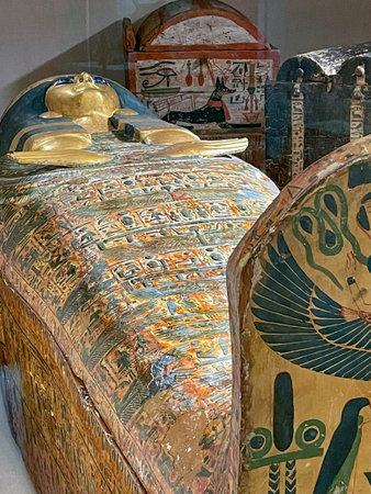 Cairo, Egypt - July 15, 2023: Golden sarcophagus of an Egyptian Pharaoh.のeditorial素材