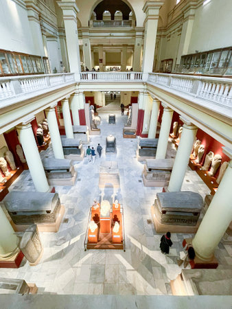 Cairo, Egypt - July 15, 2023: ancient egyptians statues and archaeological findings in national...