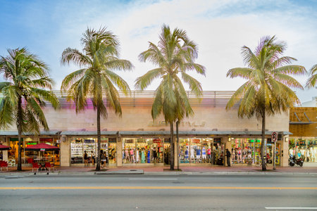 Miami, USA - August 18, 2014: Shops at Lincoln Road in South Beach, Miami in evening time wihh neon light in shop windows.のeditorial素材