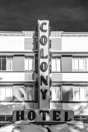 MIAMI, USA - AUG 20, 2014: The Colony hotel located at 736 Ocean Drive and built in the 1930's is the most photographed hotel in South Beach in Miami, USA.のeditorial素材