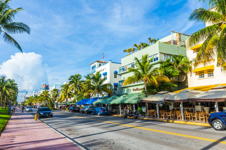 Miami, USA - August 20, 2014: Facade of art deco hotel Pelican with palm trees at ocean drive, south beach, Miami.のeditorial素材