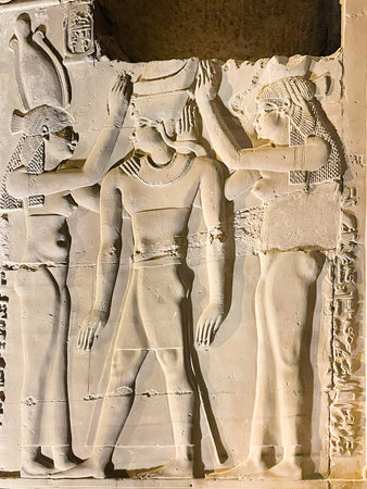 the Temple of Kom Ombo is an unusual double temple in the town of Kom Ombo in Aswan Governorate, Upper Egypt. It was constructed during the Ptolemaic dynasty, 180â47 BC.のeditorial素材