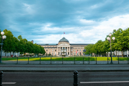 Wiesbaden, Germany - July 22, 2023: facade of classicistic houses at wilhelm street in Wiesbaden, Germany.のeditorial素材
