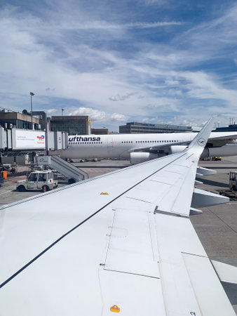 Frankfurt, Germany - July 13, 2023: Lufthansa aircraft ready for boarding at Frankfurt airport.のeditorial素材