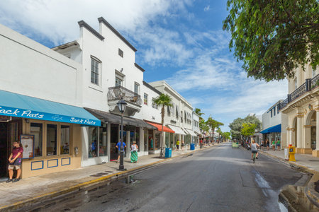 Key West, USA - August 26, 2014: Key West historic wooden buildings along Duval street.のeditorial素材