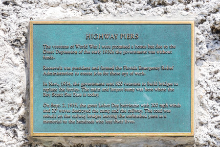 Monroe, USA - August 26, 2014: Sign to honor the victims of 1935 hurricae in the keys in Monroe County, Florida.のeditorial素材