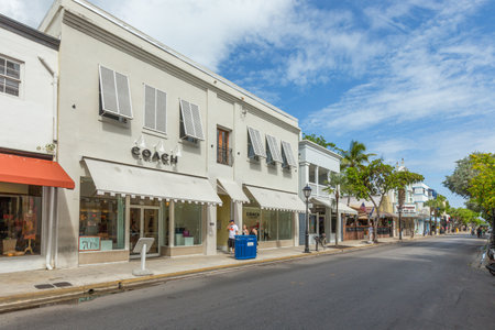Key West, USA - August 26, 2014: Key West historic wooden buildings along Duval street.のeditorial素材
