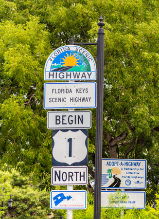 Key West, USA - August 26, 2014: Mile Zero in Key West, highway sign No1 Florida keys.のeditorial素材