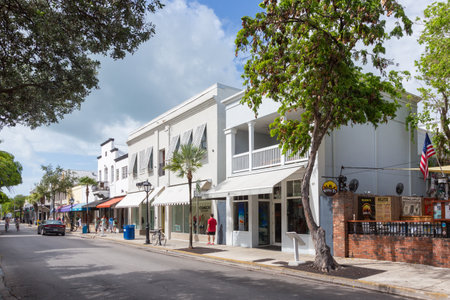 Key West, USA - August 26, 2014: Key West historic wooden buildings along Duval street.のeditorial素材