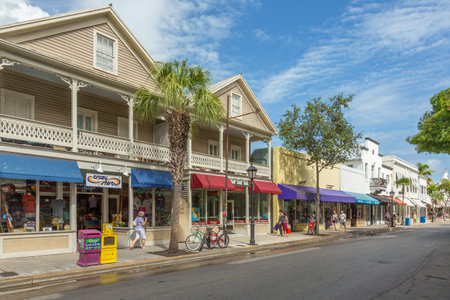 Key West, USA - August 26, 2014: Key West historic wooden buildings along Duval street.のeditorial素材