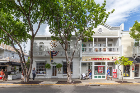Key West, USA - August 26, 2014: Key West historic wooden buildings along Duval street.のeditorial素材