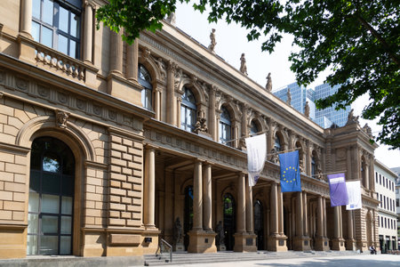 Frankfurt, Germany - June 3, 2014: View to entrance of Stock exchange building in Frankfurt, Germany.のeditorial素材