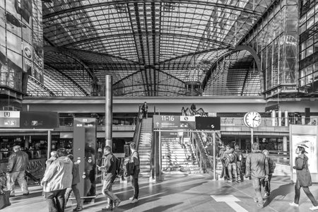 Berlin, Germany - October 27, 2014: People inside the Berlin Central train station in Berlin, Germany. It is the main railway station in Berlin with a surface area of 85x120 mt.のeditorial素材