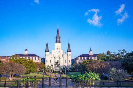 Scenic early morning view to St. Louis cathedral at Jackson square in New Orleans, USAの写真素材