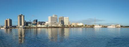 Scenic view of New Orleans skyline in morning light from river Mississippi, Louisiana, USAの写真素材